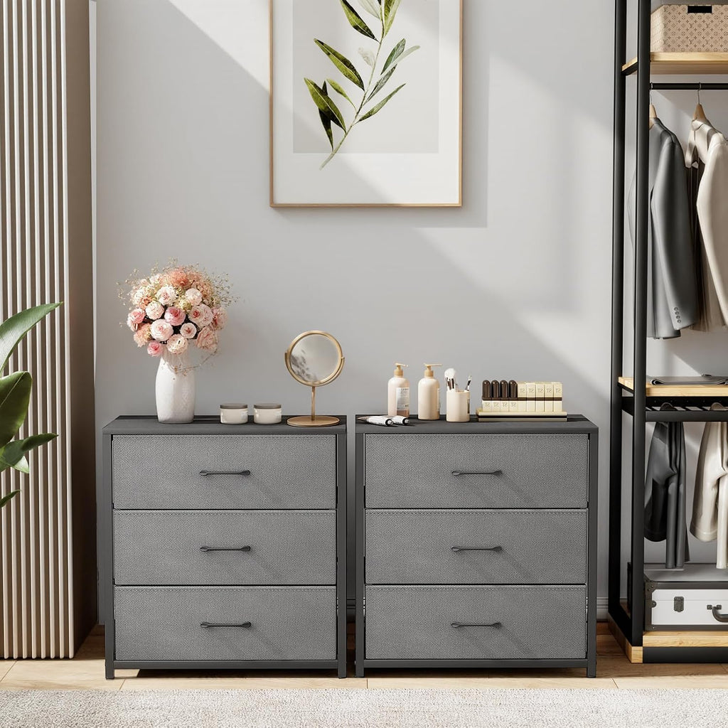 Memobarco Nightstand with 3 Fabric Drawers, Storage Dresser, Gray | Storage Drawers, side Table, End Table, Fabric Drawers, Wood Top, Metal Frame, Bedroom, Closet, Living Room
