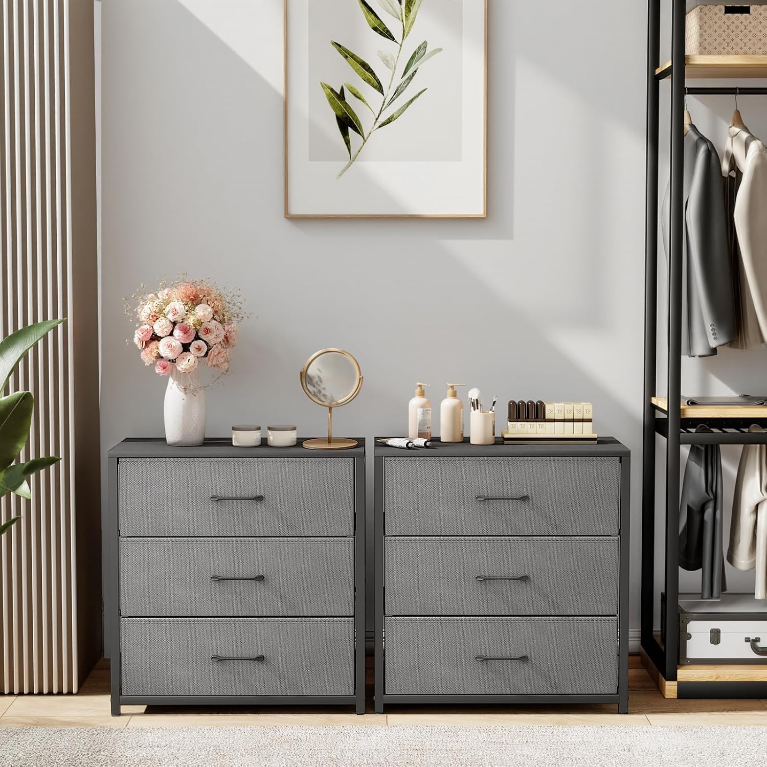 Memobarco Nightstand with 3 Fabric Drawers, Storage Dresser, Gray | Storage Drawers, side Table, End Table, Fabric Drawers, Wood Top, Metal Frame, Bedroom, Closet, Living Room