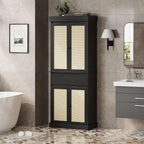 CABIHOME 69" Kitchen Pantry Storage Cabinet, Rattan Kitchen Pantry Cabinet with Drawer, 4 Doors ＆ Adjustable Shelves, Modern Freestanding Cupboard for Bathroom, Laundry, Dining Room, Black