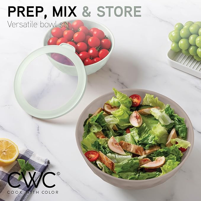 COOK WITH COLOR Mixing Bowls with Lids - 12 Piece Plastic Nesting Bowls Set includes 6 Prep Bowls and 6 Lids, Diamond Design - Microwave Safe (Mint)