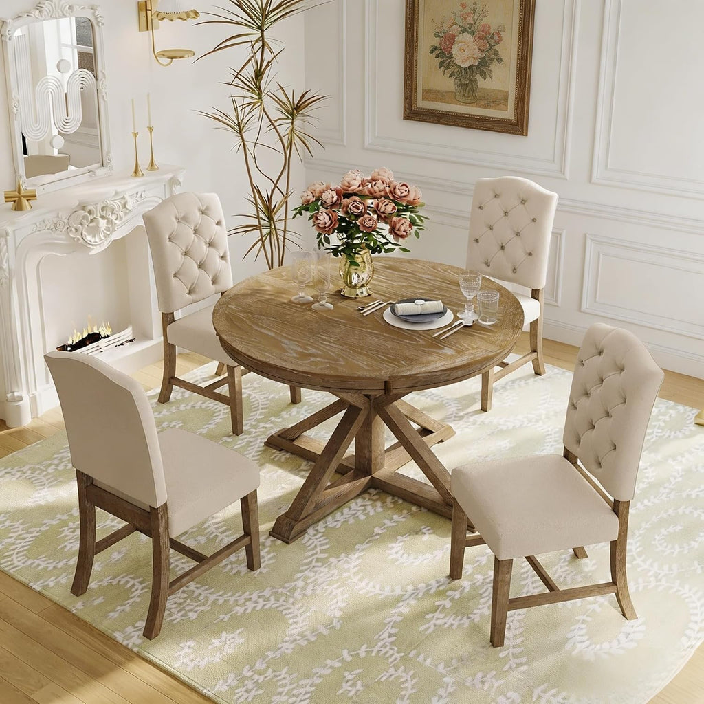 LUMISOL Round Dining Table Set for 4, Farmhouse Kitchen Table Set with Extendable Round Dining Table & 4 Upholstered Chairs, 5-Piece Solid Wood Table and Chairs Set for Dining Room, Natural