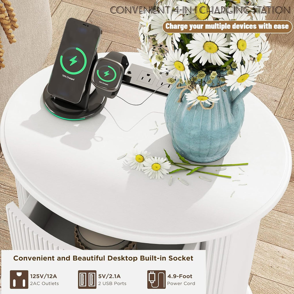 Round End Table with Charging Station, Wood Side Table with Storage for Small Spaces, White Nightstand with 3 Drawers, Couch Side Cabinet Bedside Table for Living Room/Bedroom/Corner