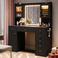 Einhomn Makeup Vanity Desk with Mirror & LED Lights, Large Glass Top Vanity Table with 7 Drawers & 3 Cabinets, Modern Dressing Table with Charging Station & RGB Lights for Bedroom, Black