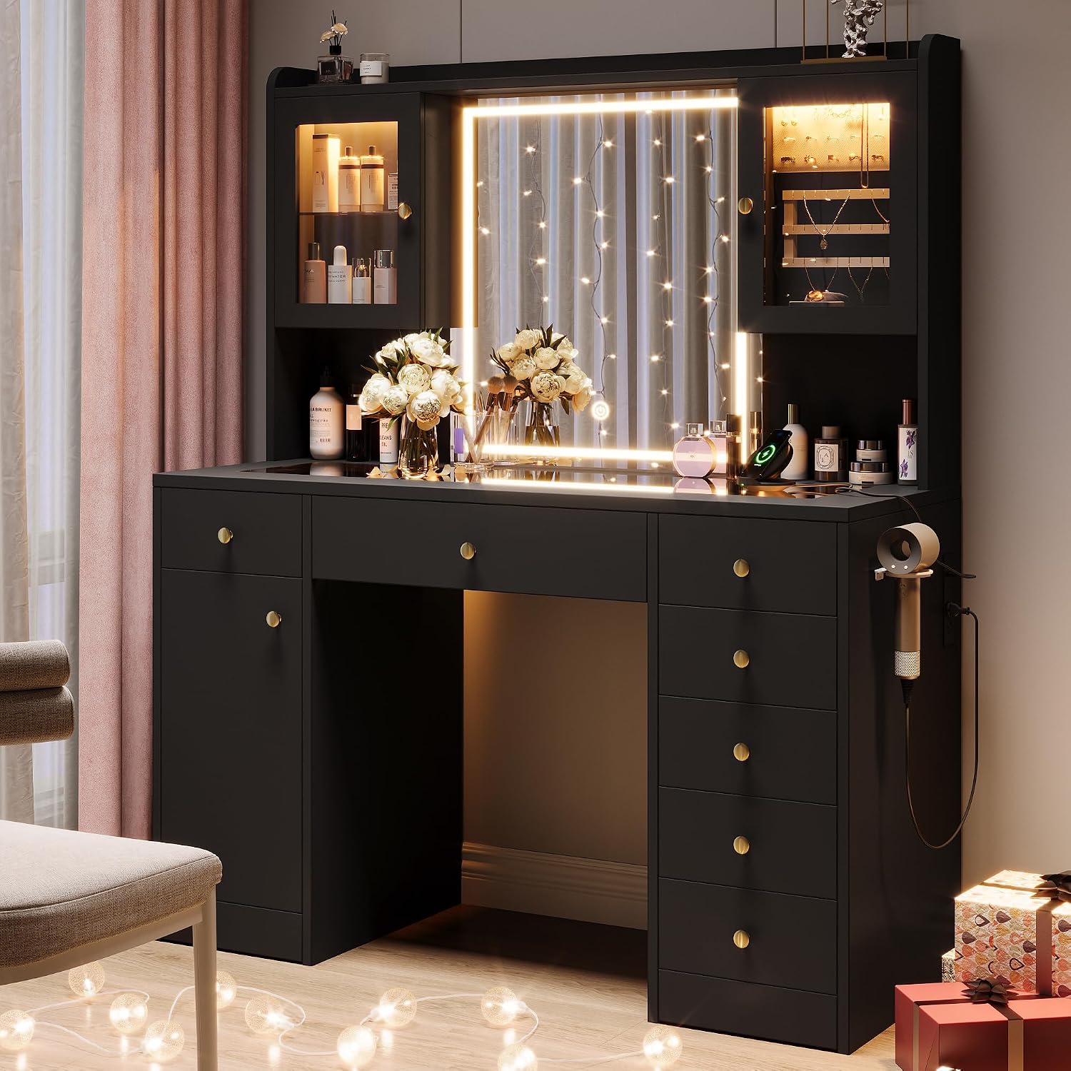 Einhomn Makeup Vanity Desk with Mirror & LED Lights, Large Glass Top Vanity Table with 7 Drawers & 3 Cabinets, Modern Dressing Table with Charging Station & RGB Lights for Bedroom, Black