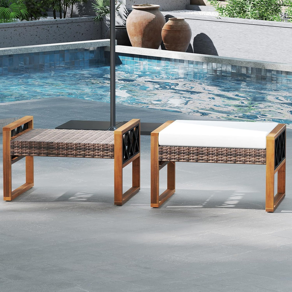 RELAX4LIFE Wicker Outdoor Ottomans for Patio - Set of 2 Rattan Outside Footstool w/Removable Cushion, Wood & Metal Frame, 3-in-1 Foot Rest, Extra Seating & Side Tables for Porch Backyard Poolside
