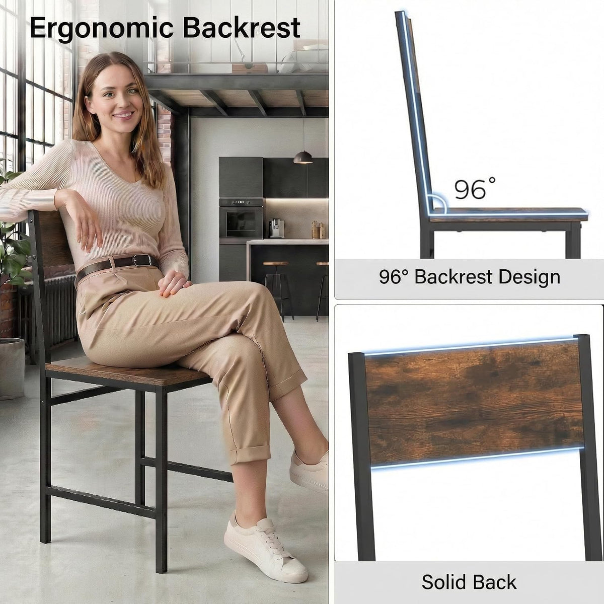 Industrial Dining Chairs Set of 4, Wooden Kitchen Chairs with Slanted Backrests & Metal Legs, 330lb Capacity, Easy to Assemble, Farmhouse Dinner Seats for Living Room, Restaurant , Rustic Brown