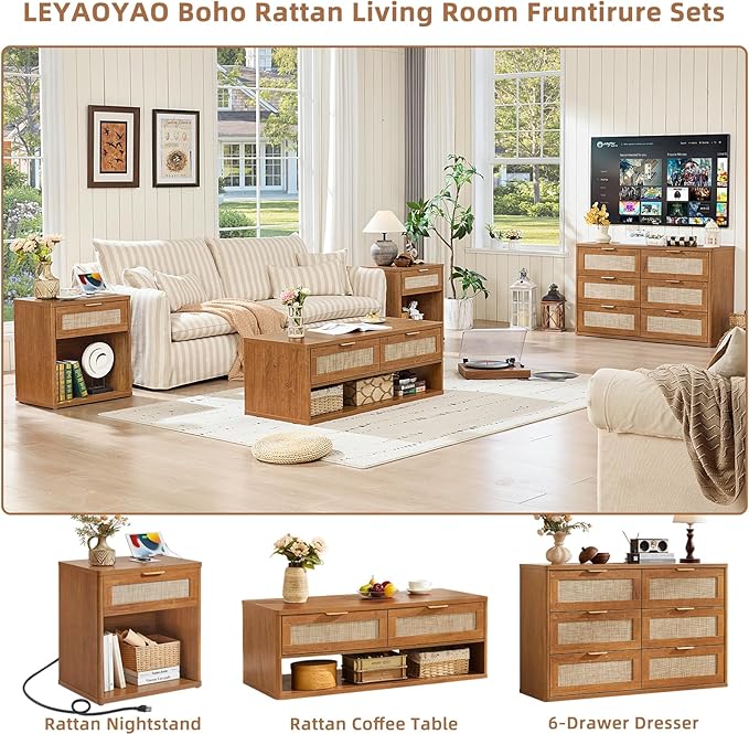 LEYAOYAO 48" Farmhouse Boho Rattan Coffee Table with 2 Woven Drawers,Rectangular Coffee Tables with Hidden Storage Compartment,Curved Profile Design,Wooden Center Table for Living Room,Office,Brown