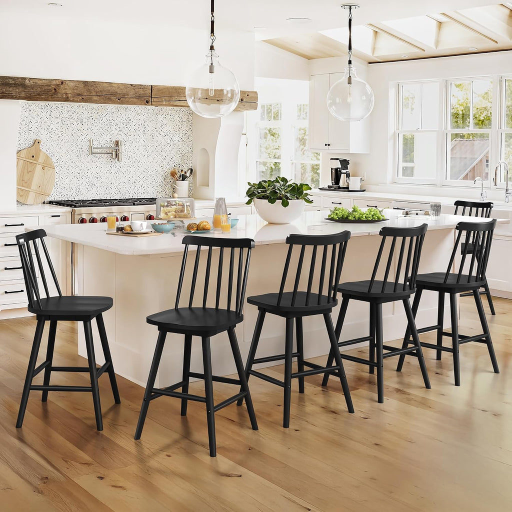 LUE BONA 360° Swivel Bar Stools Set of 3, Black Windsor Barstools, Counter Height Barstool with Spindle Back, 24 inch Farmhouse Wooden Counter Stools for Kitchen Island, Pub, Bistro, Cafe, Dining Room