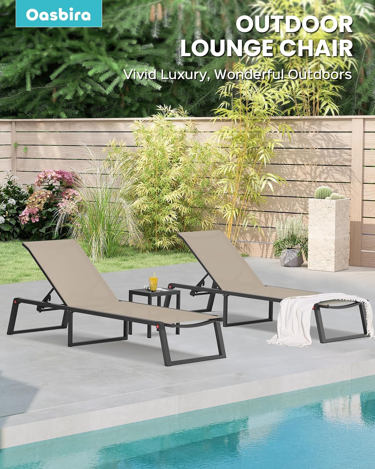 Aluminum Chaise Lounge Chair Outdoor, Foldable& No Assembly Patio Pool Lounge Chairs 5-Position Recliner for Outside, Fully Grounded Legs Sun Lounger for Poolside, Khaki