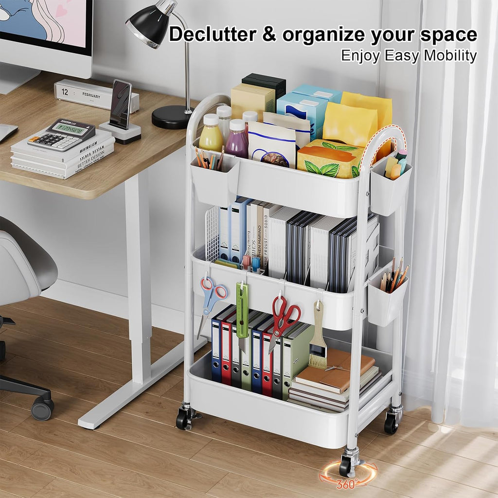 3 Tier Rolling Storage Cart with Wheels for Pantry Floor Organzier, Metal Utility Roller Trolley on Lockable Wheels, Three Tiered Snack Carts for Laundry, Kitchen Organziers, Art, Craft, Book, White