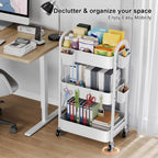 3 Tier Rolling Storage Cart with Wheels for Pantry Floor Organzier, Metal Utility Roller Trolley on Lockable Wheels, Three Tiered Snack Carts for Laundry, Kitchen Organziers, Art, Craft, Book, White