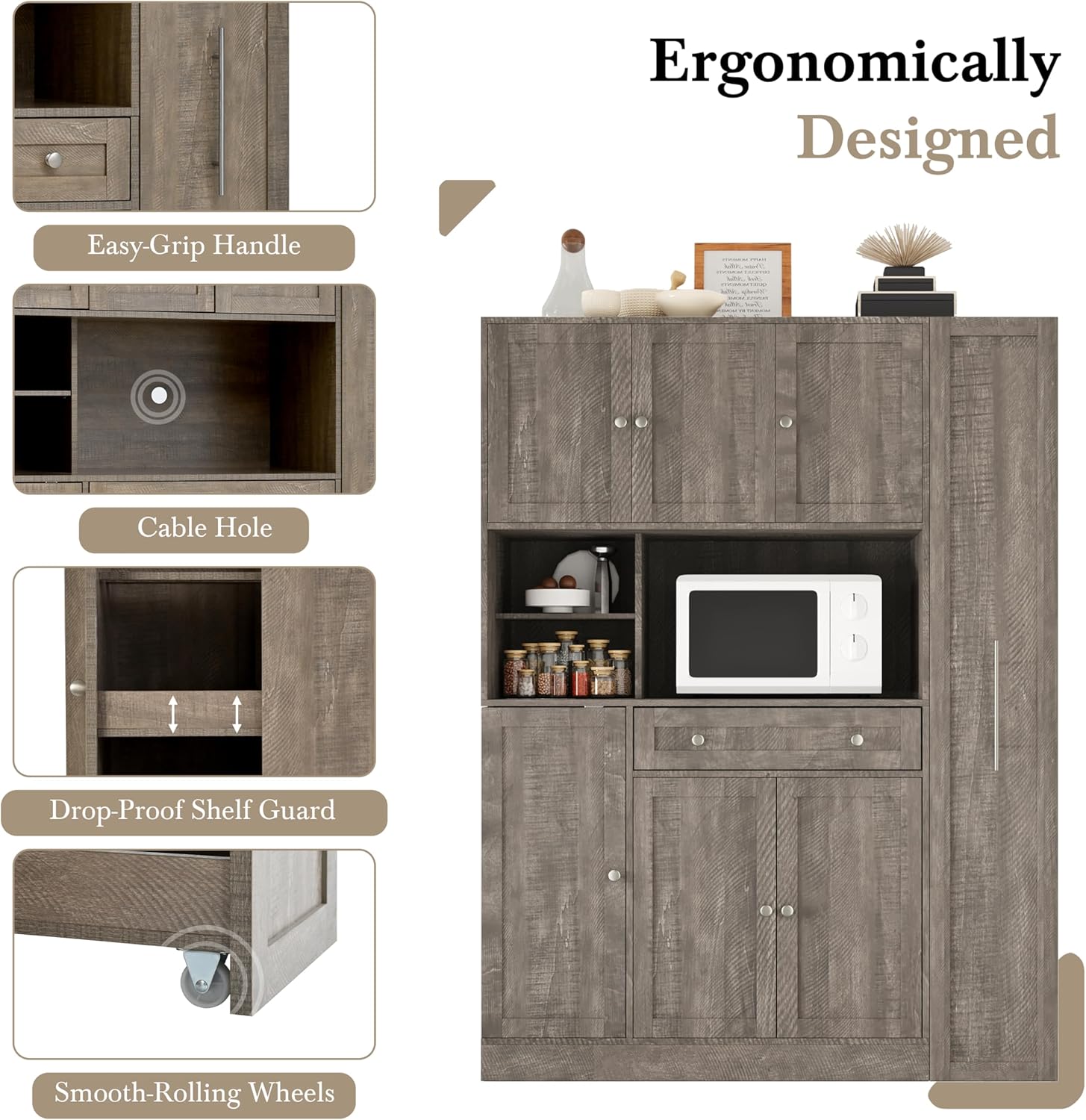 roomfitters Large Kitchen Pantry Cabinet with Pull-Out Side Storage and Hutch, Shaker Style Buffet, Brown