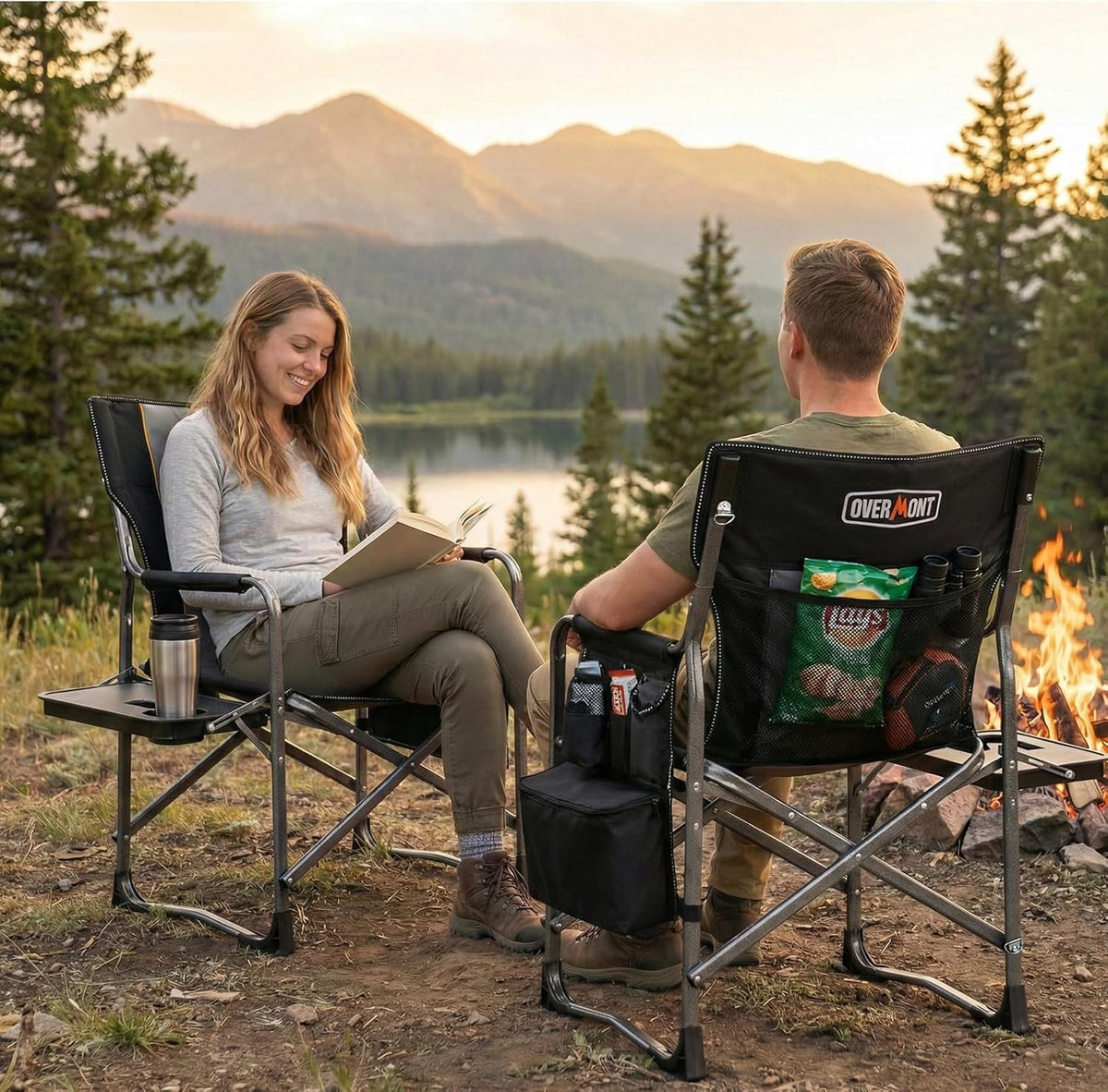 Overmont 2PCS Oversized Lightweight Camping Chair - Portable Comfortable Heavy Duty Foldable Directors Chairs with Side Table & Cooler Bag for Outside Camp Beach Picnic Lawn and Fishing Support 400lbs