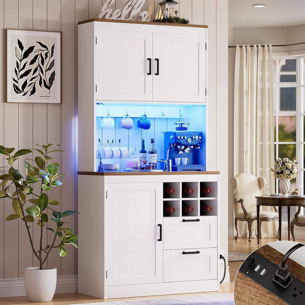 Unikito 72" Tall Pantry Cabinet, Kitchen Pantry Storage Cabinet with LED Light & Outlet, Kitchen Hutch Bar Cabinet with Microwave Stand, Wine Rack, Drawers and Shelves, Cupboard for Dining Room, White