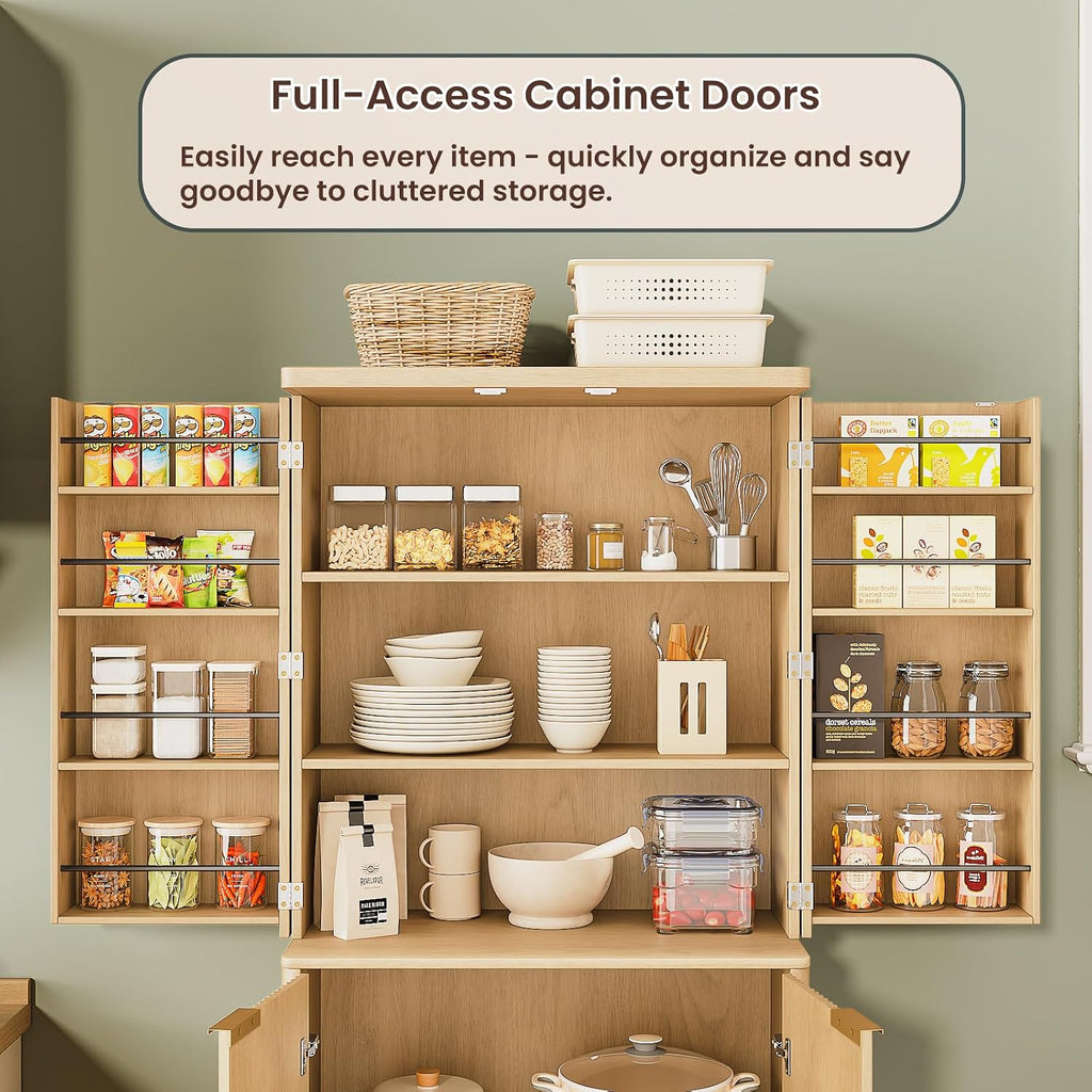 Spaco 72" Tall Kitchen Pantry Cabinet,Modern Fluted Food Storage Cabinet with 6 Door Shelves and Anti-tip Device,4-Door Freestanding Buffet Sideboard for Dining Room,Living Room. (Natural)