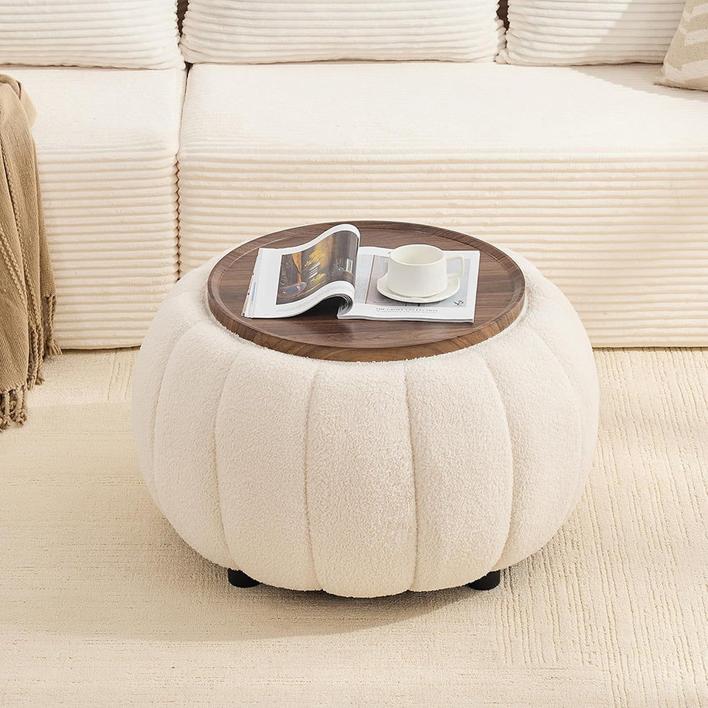 30 Inch Round Storage Ottoman Coffee Table for Living Room, Bedroom | Teddy Fabric , Anti-Slip Lid, ottoman foot rest, Pumpkin Shape