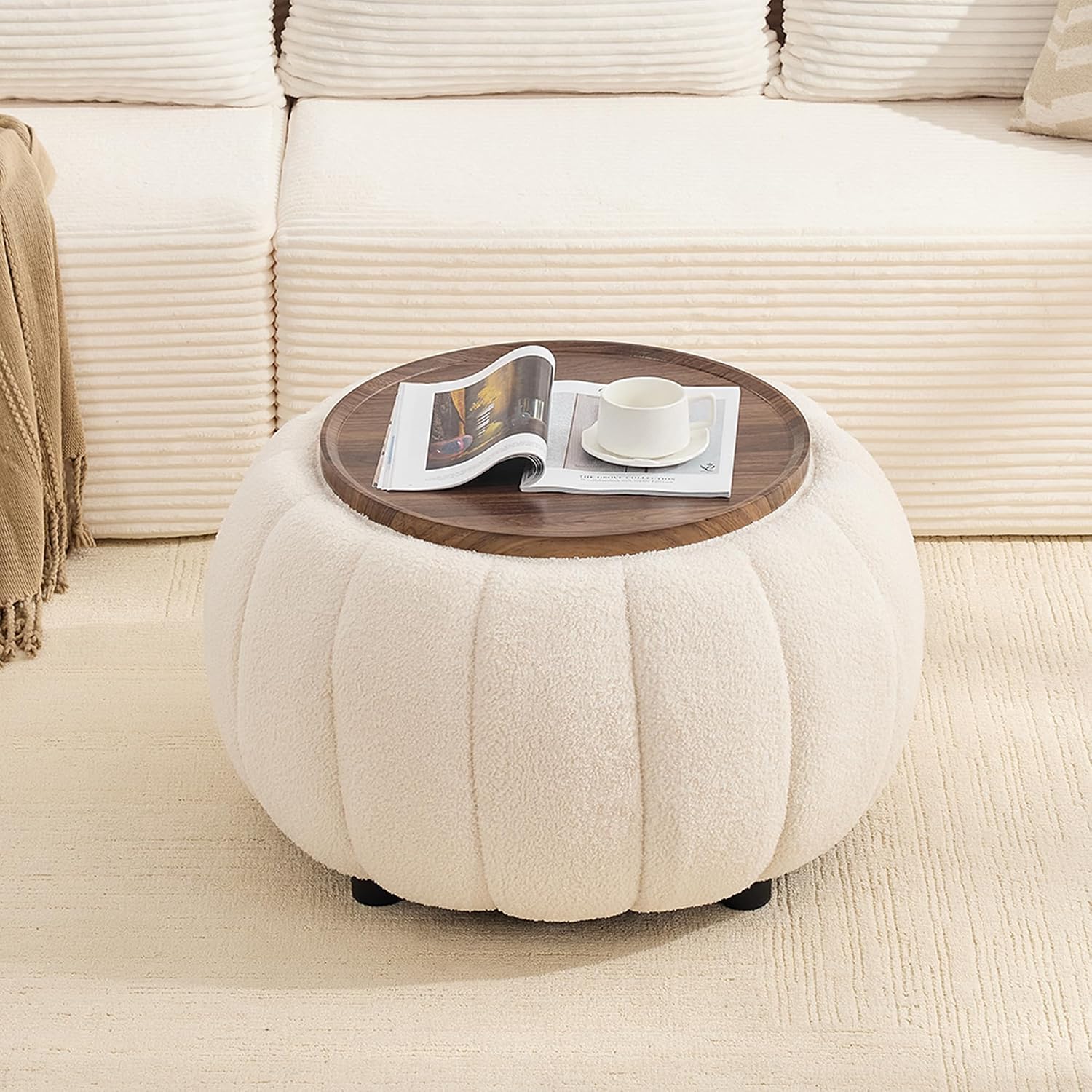 30 Inch Round Storage Ottoman Coffee Table for Living Room, Bedroom | Teddy Fabric , Anti-Slip Lid, ottoman foot rest, Pumpkin Shape