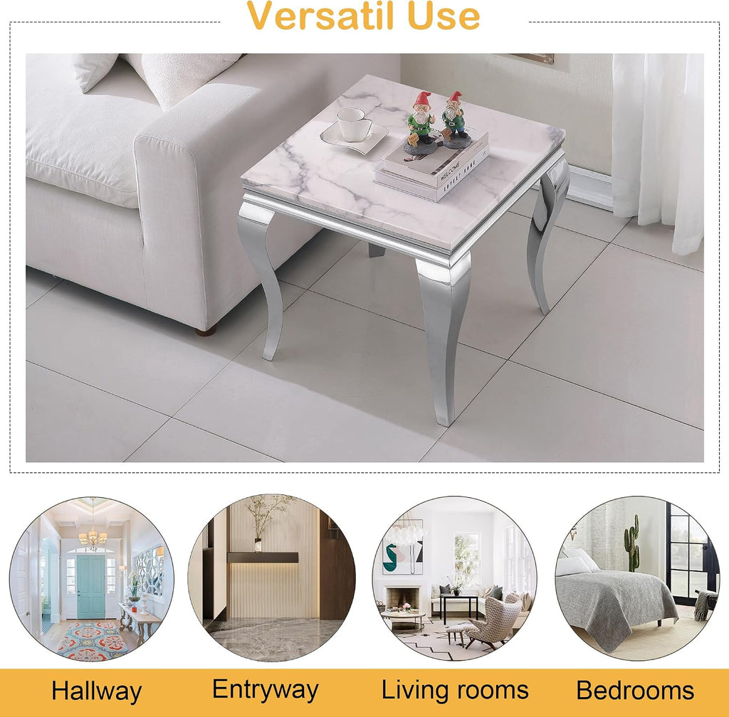 Marble End Table, Modern White Faux Marble Sofa Side Table with Silver Stainless Steel Legs, Luxury Sqaure Accent Side Table Bedside Table Nightstand for Living Room Bedroom Office
