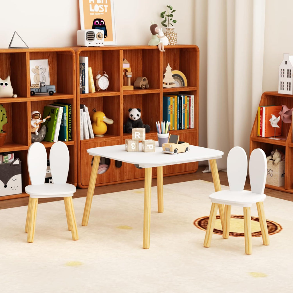 Kids Table and 2 Chairs Set, 3 Piece Wooden Toddler Table and Chair Set, White Activity Play Table and Chairs for Kids, Children's Art Desk Set (Rabbit Theme)