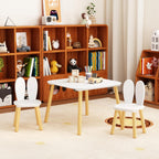 Kids Table and 2 Chairs Set, 3 Piece Wooden Toddler Table and Chair Set, White Activity Play Table and Chairs for Kids, Children's Art Desk Set (Rabbit Theme)