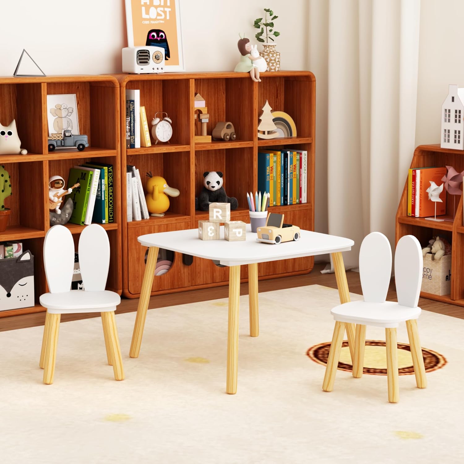 Kids Table and 2 Chairs Set, 3 Piece Wooden Toddler Table and Chair Set, White Activity Play Table and Chairs for Kids, Children's Art Desk Set (Rabbit Theme)