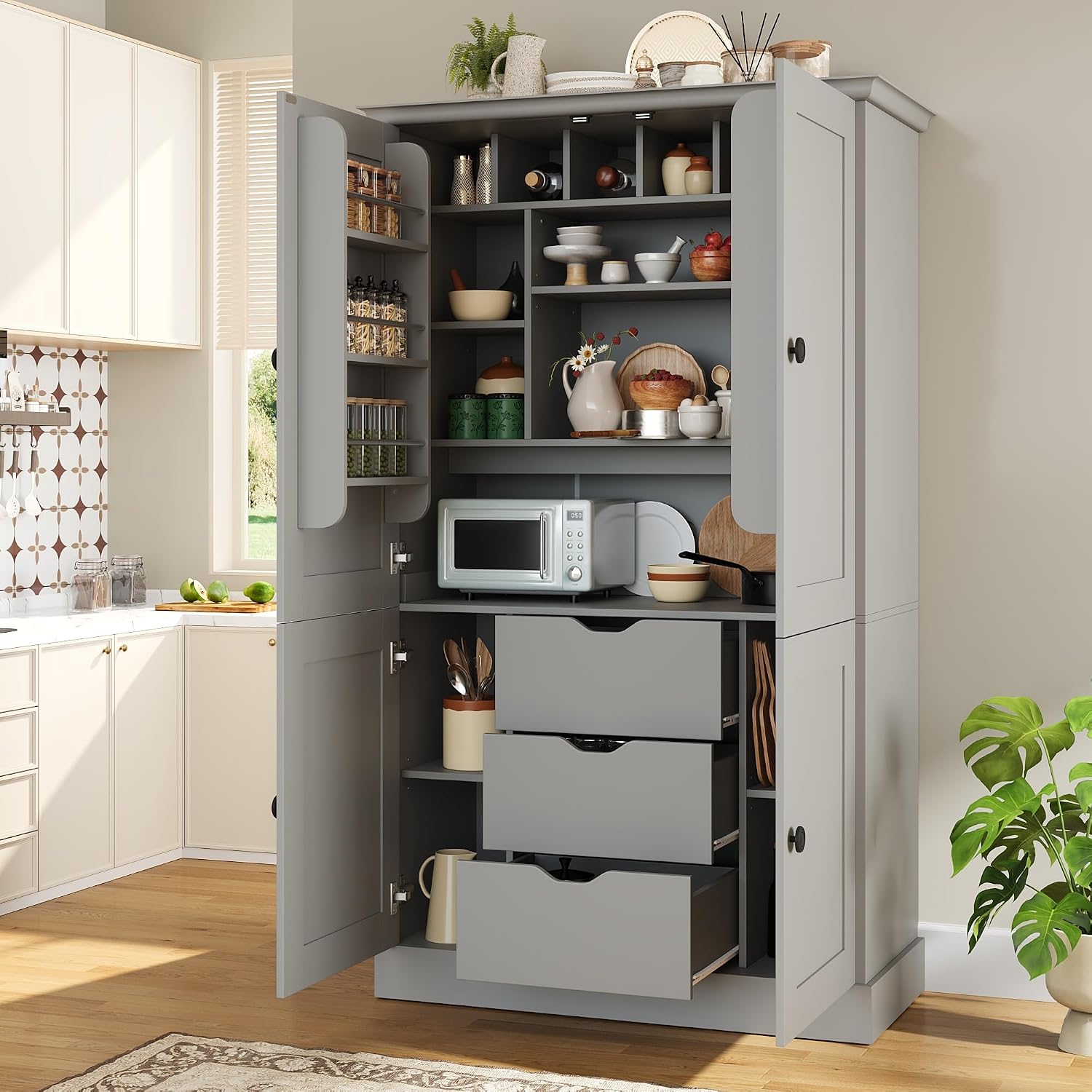 Freestanding Kitchen Pantry,Tall Storage Workstation with 4 Doors, 6 Door Shelves, Removable Shelves and 6 Wine Racks for Dining Room (Grey-FK)