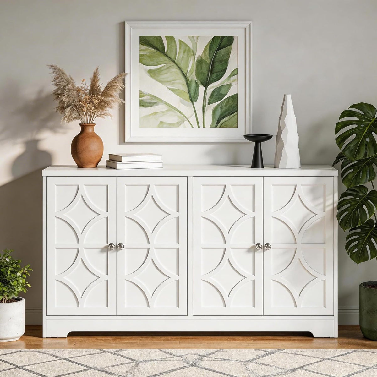 RoyalCraft Sideboard Buffet Cabinet with Storage, 56" Modern Sideboard with 4 Carved Doors, Large Wood Coffee Bar Console Table for Kitchen, Dining Room, Entryway, Living Room, Satin White