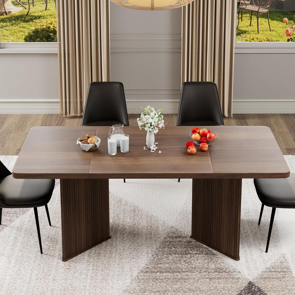 71 inch Rectangular Wood Dining Table for 6-8 People, Modern Fluted Pedestal Kitchen Table, Heavy Duty Waterproof Thickened Tabletop, Farmhouse Long Dinner Table for Home Restaurant, Walnut Brown