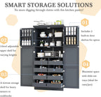 Polibi Freestanding Pantry Cabinet 35.5"x17.6"x70.9", Tall 4-Door Kitchen Storage with 8 Pull-Out Trays, 2 Door Shelves & Adjustable Shelf, for Dining Room (Gray)