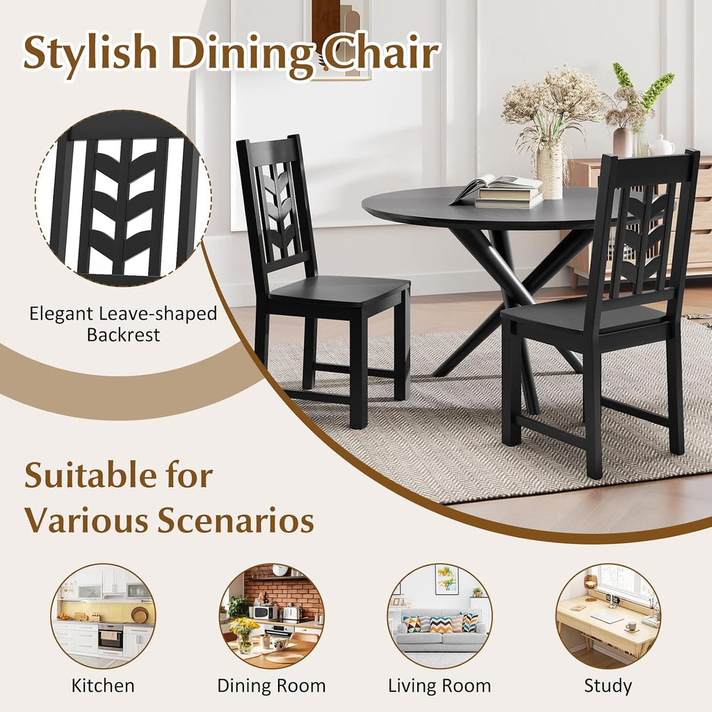 GOFLAME Wood Dining Chairs Set of 4, Modern Kitchen Side Chairs with Solid Rubber Wood Frame, Leaf-Shape High Backrest, Armless Dinette Chairs for Dining Room, Restaurant, Black