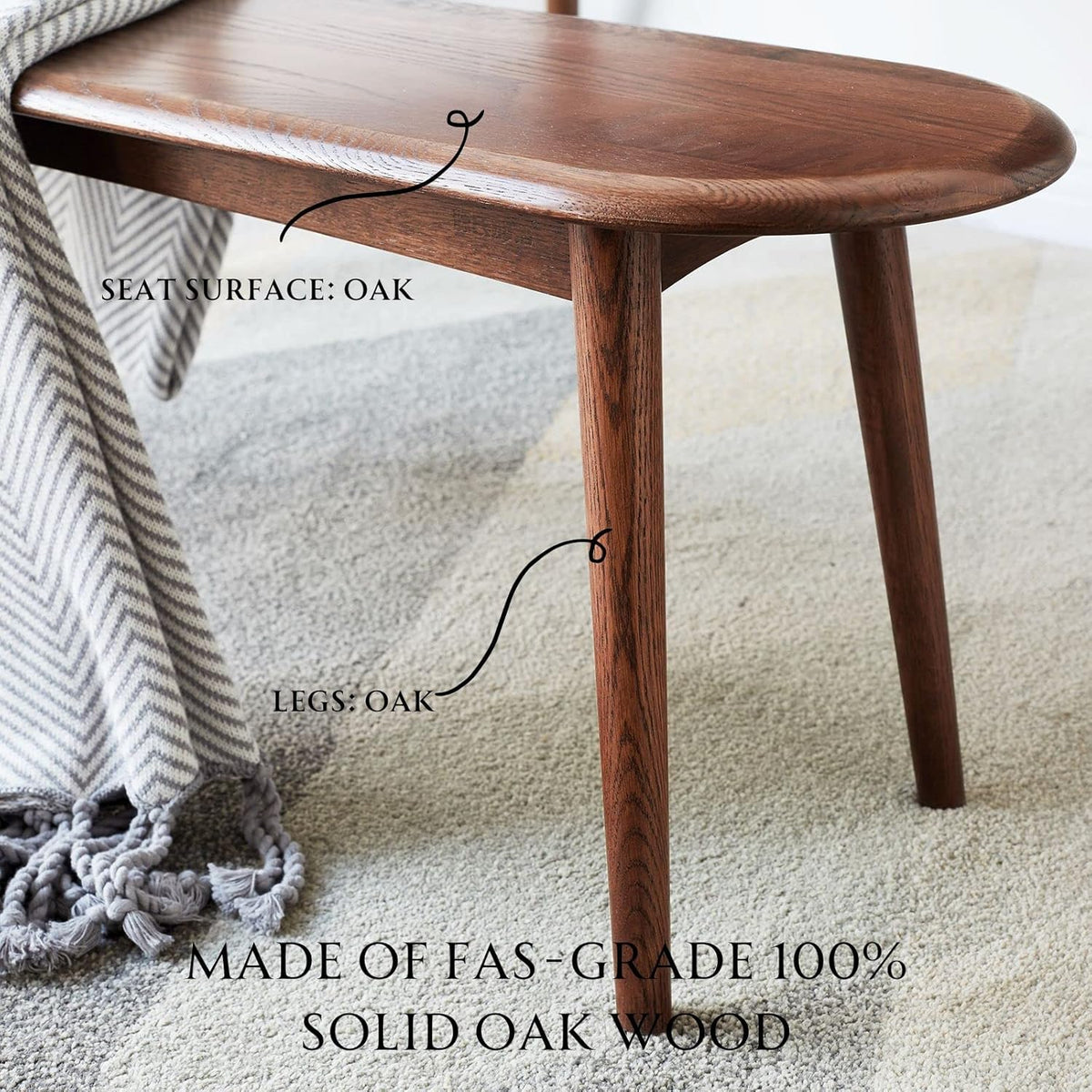 100% Solid Oak Dining Bench, Wood Bench for End of Bed with Rounded Corners, Entryway Benches for Farmhouse, Kitchen, Living Room(Walnut,12" L x 47.2" W x 16.2" H)