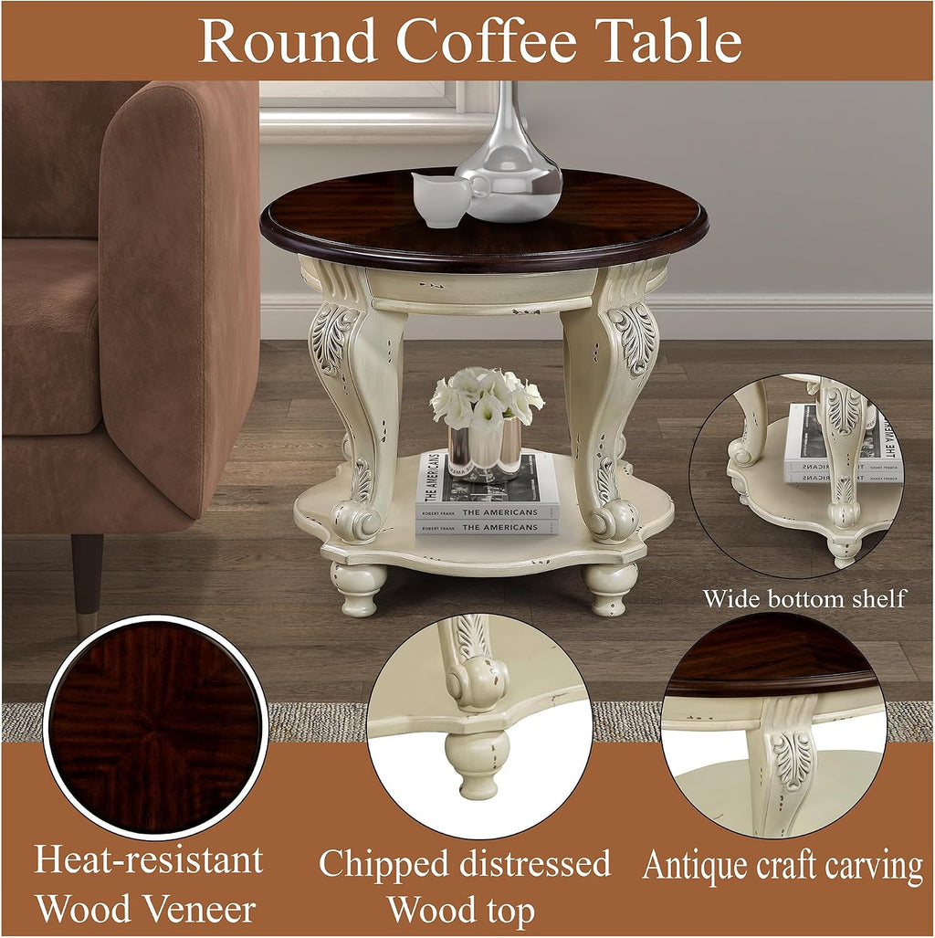 P PURLOVE 22'' Two Tone Round End Table with Shelf for Living Room, Solid Wood Frame, Easy Assemble (Beige and Espresso)