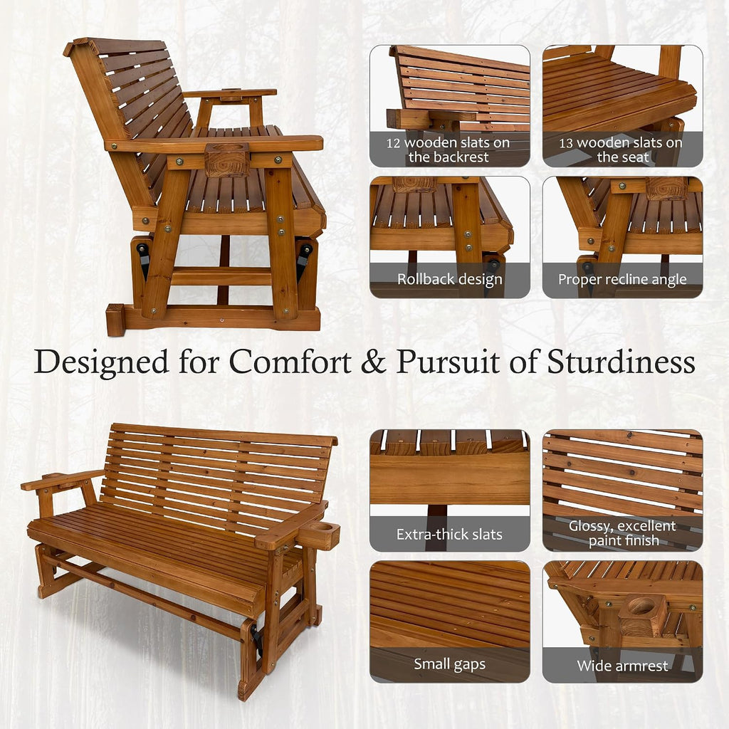 Fortune Candy Patio Glider with Cup Holders, High Roll Back and Deep Contoured Seat, 3-Seater, Heavy Duty 800 Lb, 5 Feet (Brown, 3-Seater)
