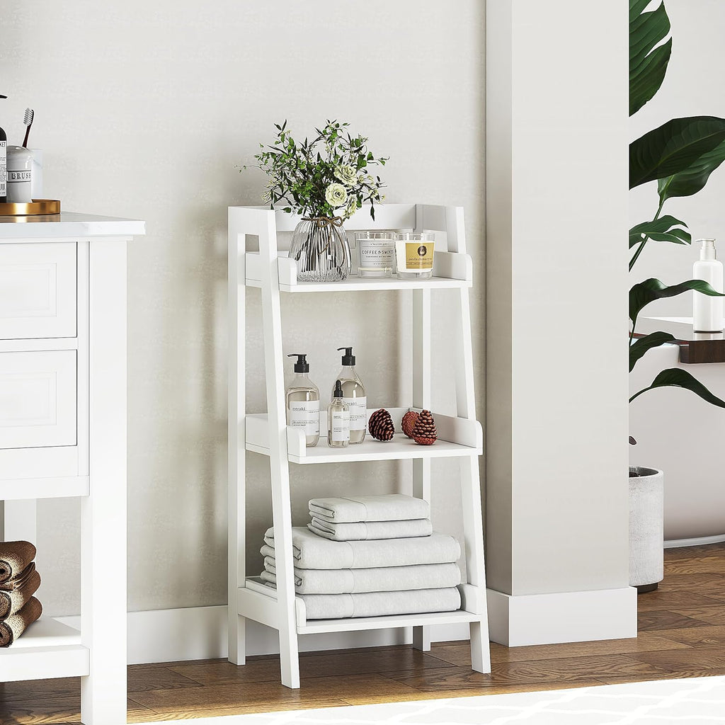 UTEX 3-Tier Ladder Shelf, Bathroom Shelf Freestanding, 3-Shelf Spacesaver Open Wood Shelving Unit, Ladder Shelf (White)
