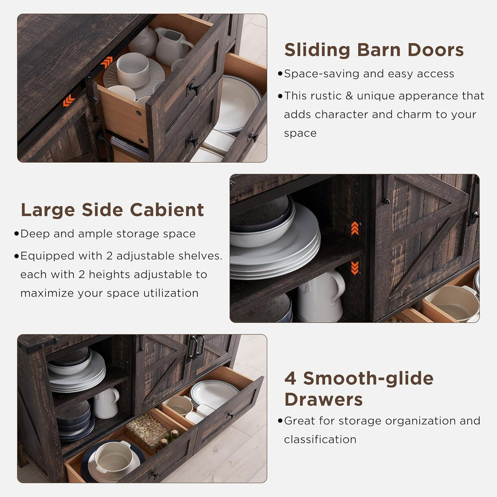 T4TREAM Farmhouse Sideboard Buffet Cabinet with Storage, 31.2'' Tall Kitchen Cabinet with 2 Sliding Barn Doors and 4 Drawers, Rustic Wood Coffee Bar Table for Dining Room, Dark Rustic Oak