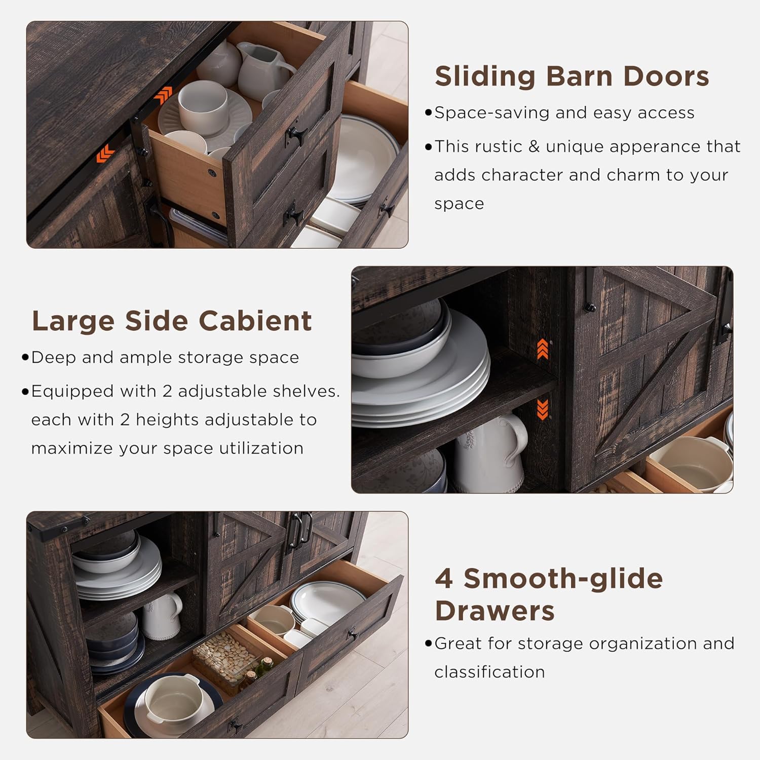 T4TREAM Farmhouse Sideboard Buffet Cabinet with Storage, 31.2'' Tall Kitchen Cabinet with 2 Sliding Barn Doors and 4 Drawers, Rustic Wood Coffee Bar Table for Dining Room, Dark Rustic Oak