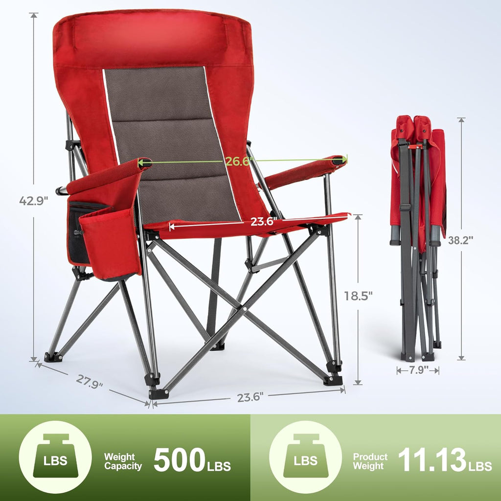 LET'S CAMP Oversized 29.52" High Back Camping Chairs Heavy Duty Lawn Chair Support 500LBS, Collapsible Chair with Cup Holder, Side Pocket,2 Pack(Red)