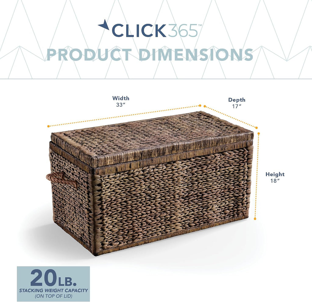 Click365 Wicker Storage Trunk with Lid, 33 Inch Extra Large Woven Storage Chest with Handles and Safety Hinges, Farmhouse Blanket Basket for Bedroom, Living Room or Entryway, Rustic Brown