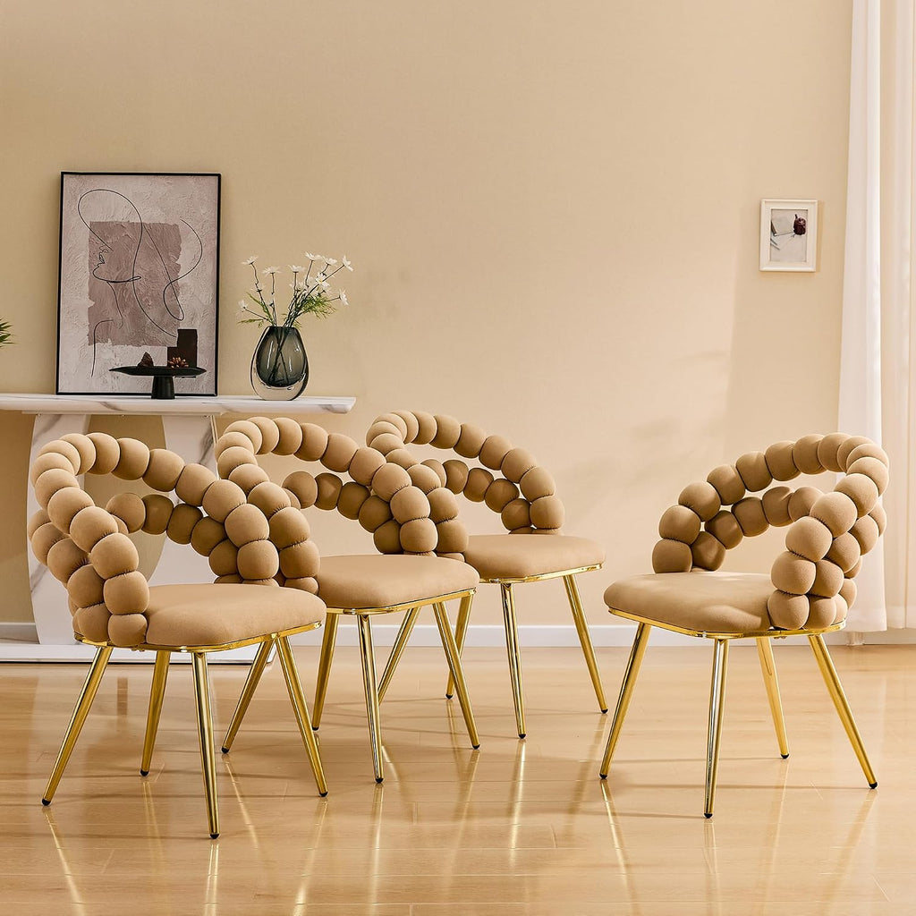 Aoowow Bubble Ball Chain Chairs, Contemporary Luxury Kitchen Chairs, Handcrafted Backrest, Lumbar Support, Modern Velvet Dining Chairs with Gold Legs for Kitchen, Dining Room (Brown, 4 Chairs)