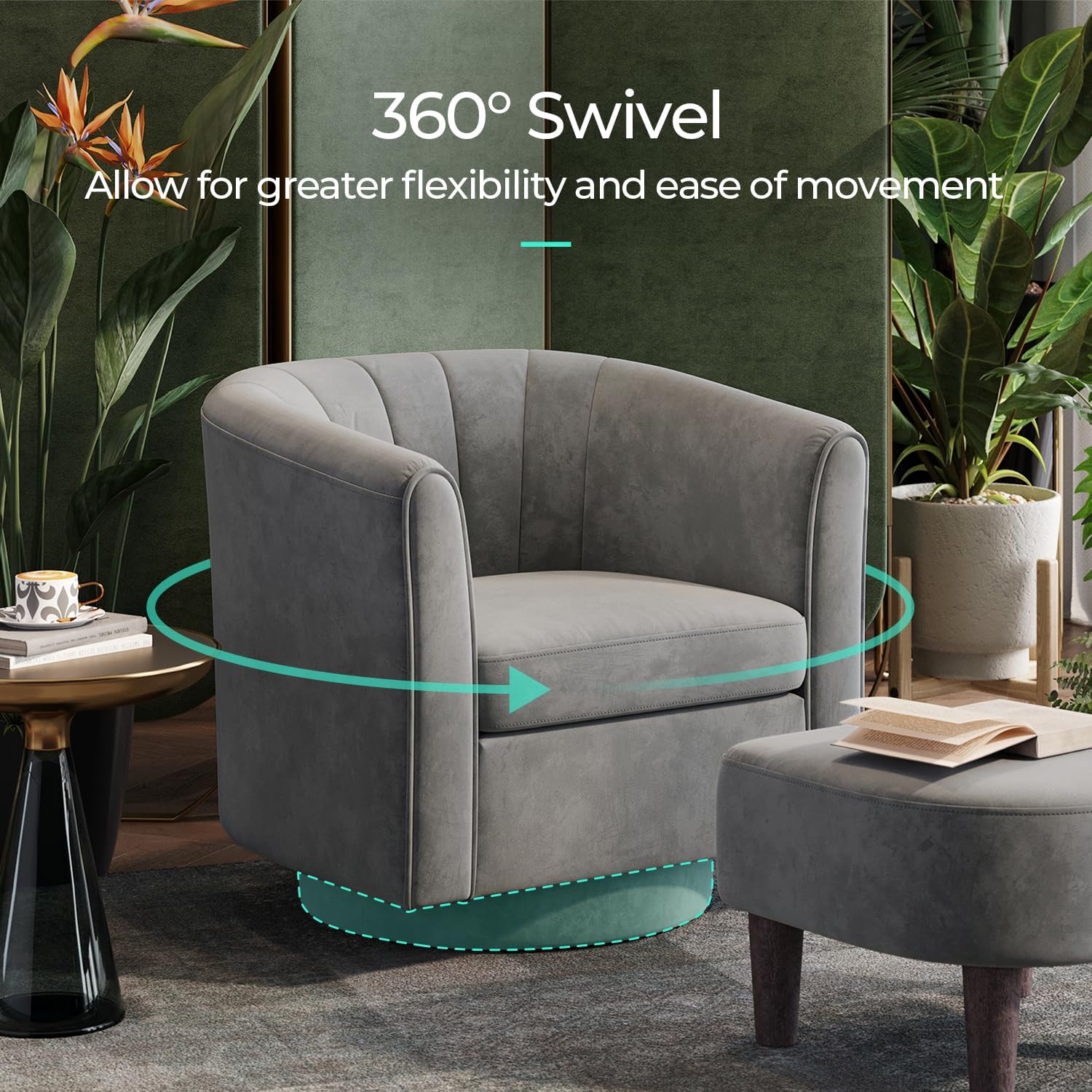 LINSY Large Swivel Accent Chair with Ottoman, Velvet Barrel Chair with Footrest, Modern Upholstered Comfy Reading Chair Armchair for Living Room, Bedroom, Study Room, Office, Grey