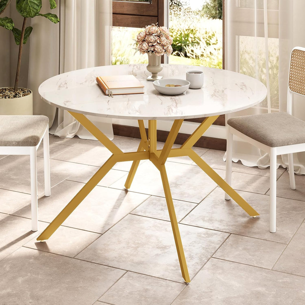 Giantex Folding Dining Table for 4-6 People, 47" Round Drop Leaf Table with Metal Frame, Mid-Century Modern Expandable Kitchen Tables for Small Spaces Dinette Living Room Restaurant (White)