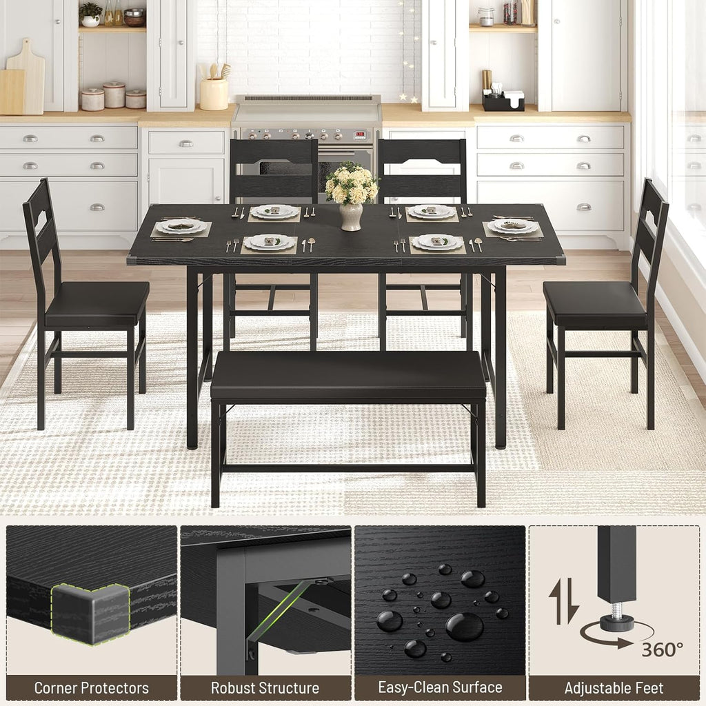 6-Piece Dining Table Set for 4-8, 63" Extendable Kitchen Table with 4 PU Upholstered Dining Room Chairs & Bench, Heavy-Duty Metal Frame, Space-Saving, for Small Space, Office, Kitchen, Black