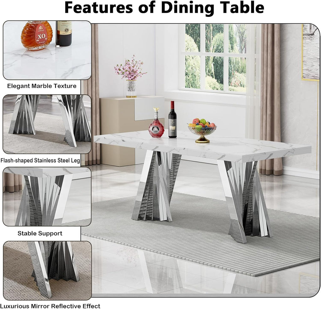 70" Faux Marble White Dining Table for 6, Modern Dining Room Table with 0.71" Marble Printing MDF Top and Flash-Shaped Silver Stainless Steel Base,Rectangular Large Kitchen Dinner Table