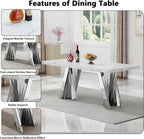 70" Faux Marble White Dining Table for 6, Modern Dining Room Table with 0.71" Marble Printing MDF Top and Flash-Shaped Silver Stainless Steel Base,Rectangular Large Kitchen Dinner Table