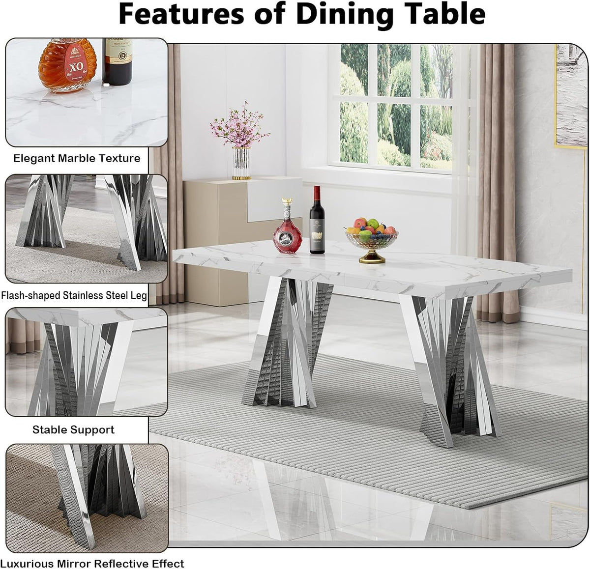 70" Faux Marble White Dining Table for 6, Modern Dining Room Table with 0.71" Marble Printing MDF Top and Flash-Shaped Silver Stainless Steel Base,Rectangular Large Kitchen Dinner Table