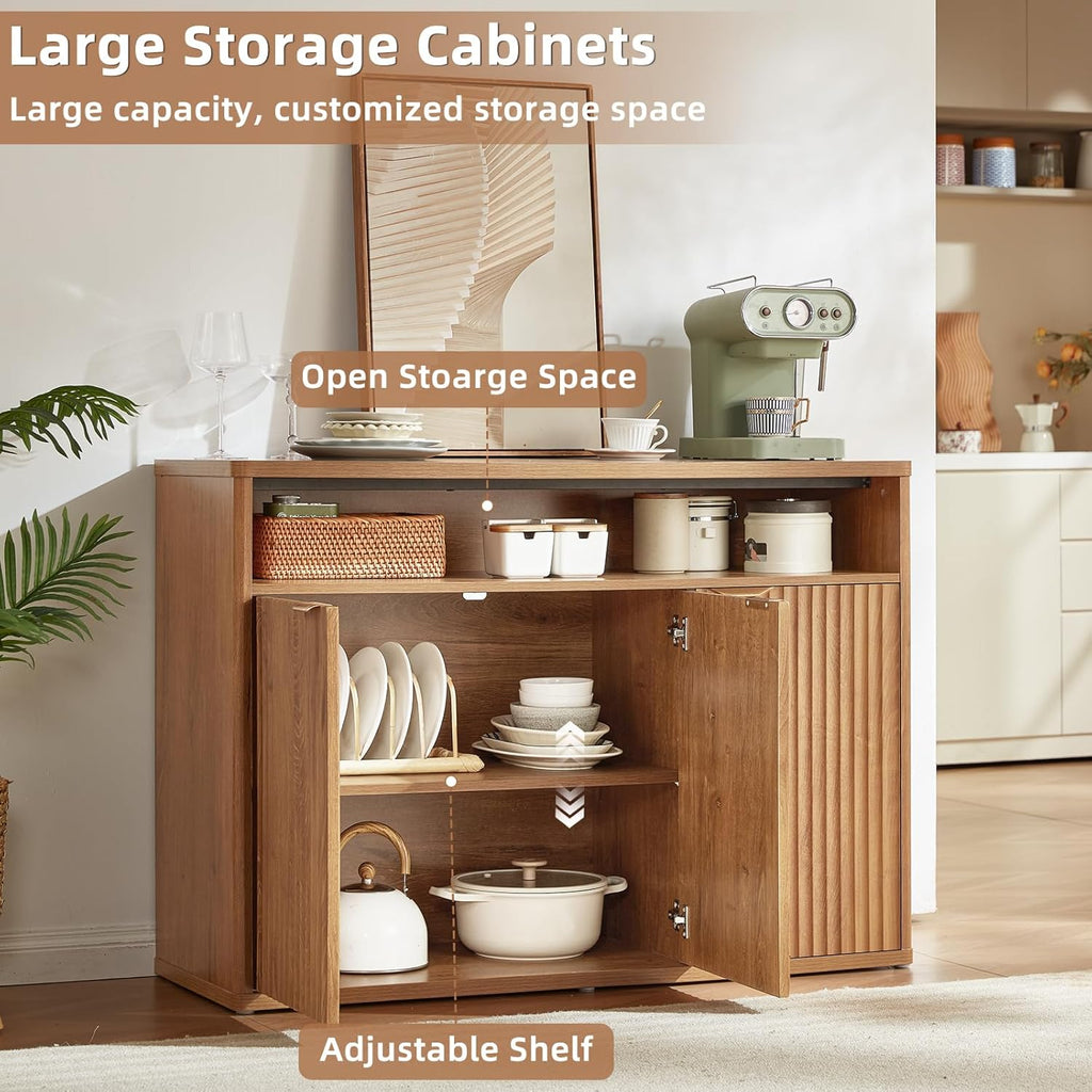 LEYAOYAO Fluted Buffet Cabinet with Storage, 45" Wide Modern Sideboard Credenza with 3 Doors & Open Storage Shelf, Wood Kitchen Console Accent Cabinets, Coffee Bar Table for Dining Room, Tea Brown