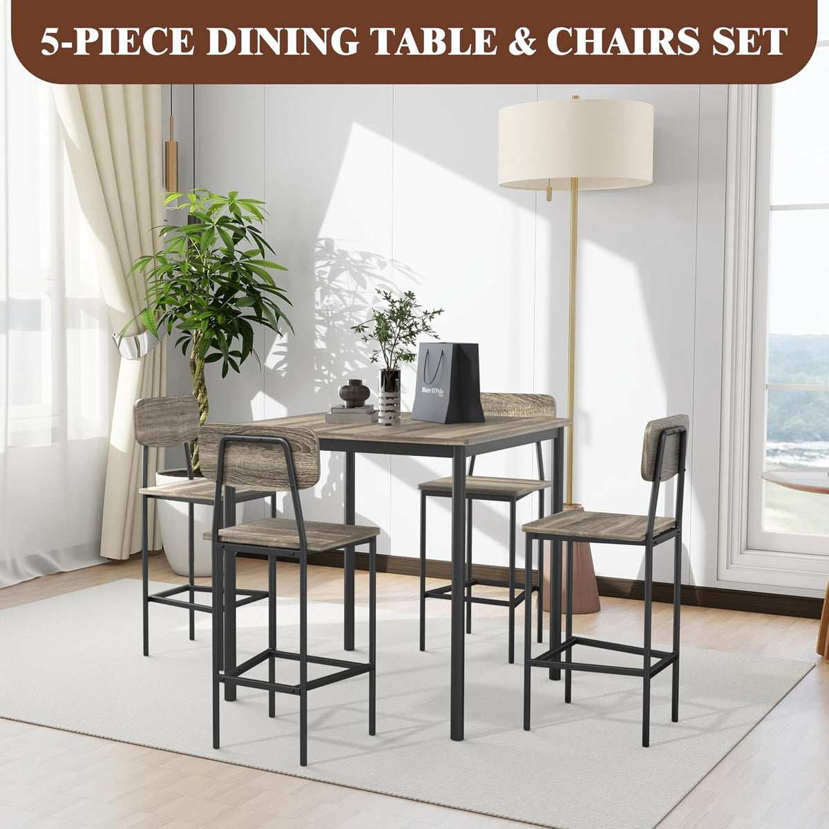 Kitchen Table and Chairs of 4, 5 Piece Dining Table Set | Sturdy Industrial Space Saving Dinette Set for Pub, Family Dinners, Apartment, Gray