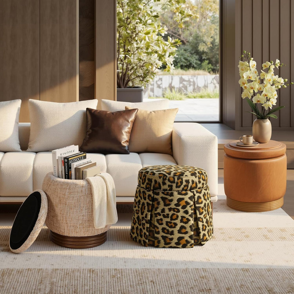 18" Round Storage Ottoman, Upholstered Leopard Print Stool-Foot Rest Skirt Hem, Footstool Pouf with Vietnam Acacia Wood Frame(500Lbs), Reversible Tray Lid for Bedroom,Fully Assembled