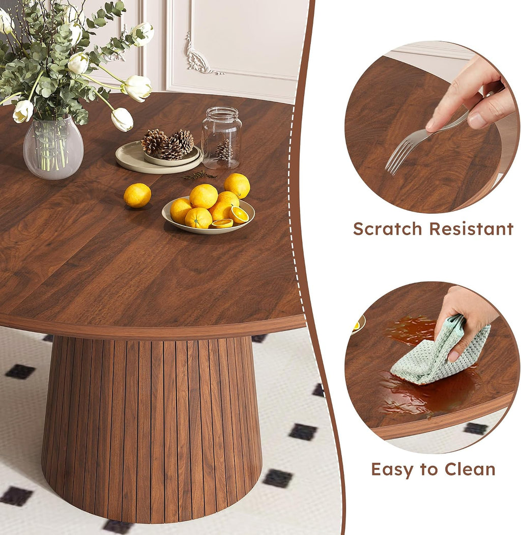 Round Dining Room Table, Farmhouse Kitchen Table with Wood Strip Base, 47.2“ Circle Table with Walnut Veneer Finish, Easy Assembly