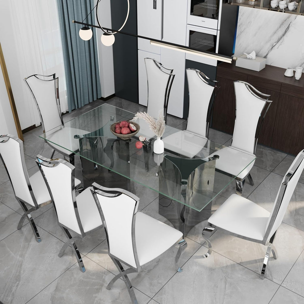 Asday Dining Chairs Set of 6, White Faux Leather and Silver Streamlined High Back Dining Room Chairs with Curved and X Stainless Steel Legs